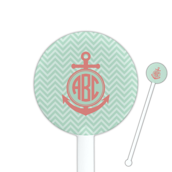 Custom Chevron & Anchor 5.5" Round Plastic Stir Sticks - White - Single Sided (Personalized)