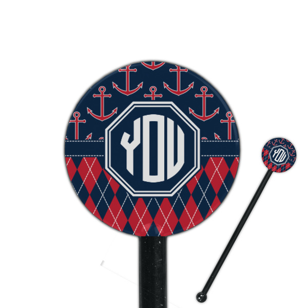 Custom Anchors & Argyle 5.5" Round Plastic Stir Sticks - Black - Double Sided (Personalized)