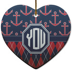 Anchors & Argyle Heart Ceramic Ornament w/ Monogram