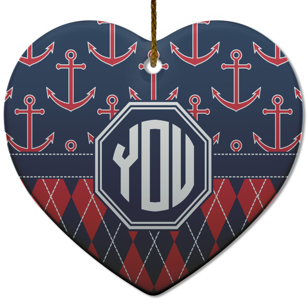 Custom Anchors & Argyle Heart Ceramic Ornament w/ Monogram