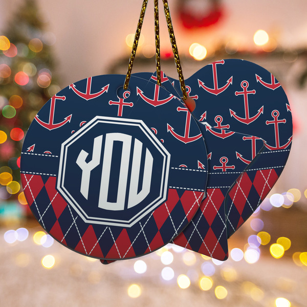 Custom Anchors & Argyle Ceramic Ornament w/ Monogram