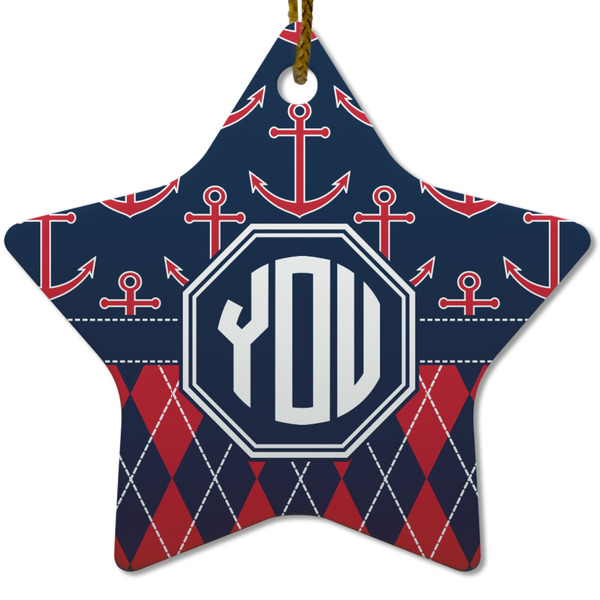 Custom Anchors & Argyle Star Ceramic Ornament w/ Monogram