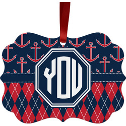 Anchors & Argyle Metal Frame Ornament - Double Sided w/ Monogram