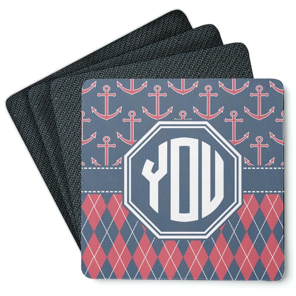 Custom Anchors & Argyle Square Rubber Backed Coasters - Set of 4 (Personalized)