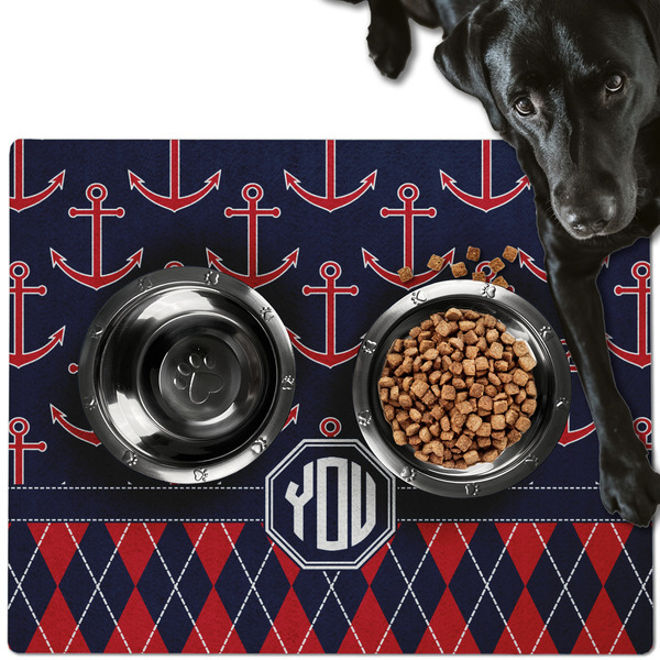 Custom Anchors & Argyle Dog Food Mat - Large w/ Monogram