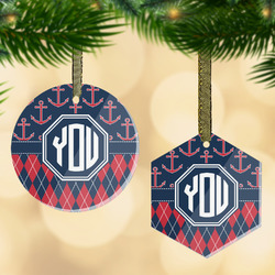 Anchors & Argyle Flat Glass Ornament w/ Monogram