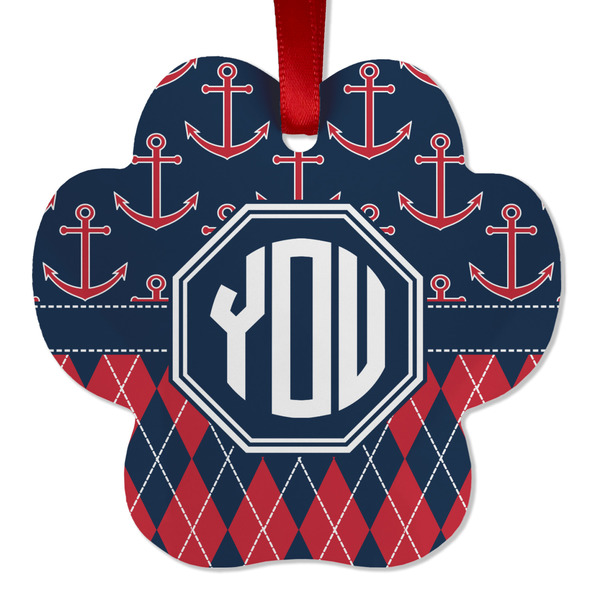 Custom Anchors & Argyle Metal Paw Ornament - Double Sided w/ Monogram