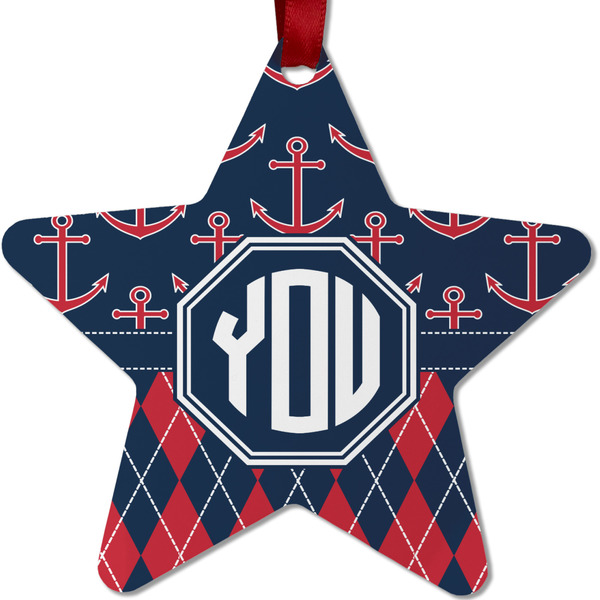 Custom Anchors & Argyle Metal Star Ornament - Double Sided w/ Monogram