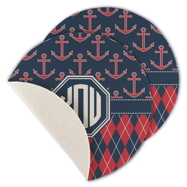 Custom Anchors & Argyle Round Linen Placemat - Single Sided - Set of 4 (Personalized)