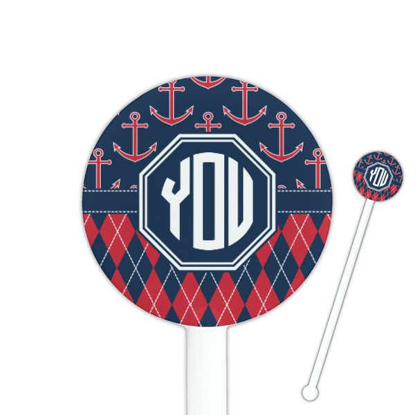 Custom Anchors & Argyle 5.5" Round Plastic Stir Sticks - White - Double Sided (Personalized)