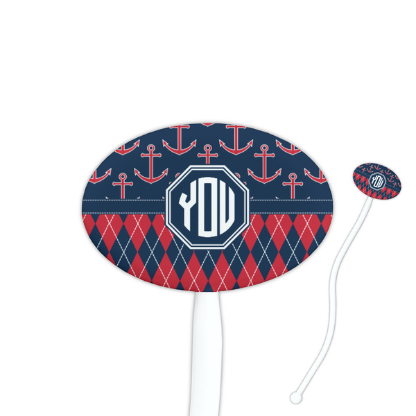 Custom Anchors & Argyle 7" Oval Plastic Stir Sticks - White - Double Sided (Personalized)