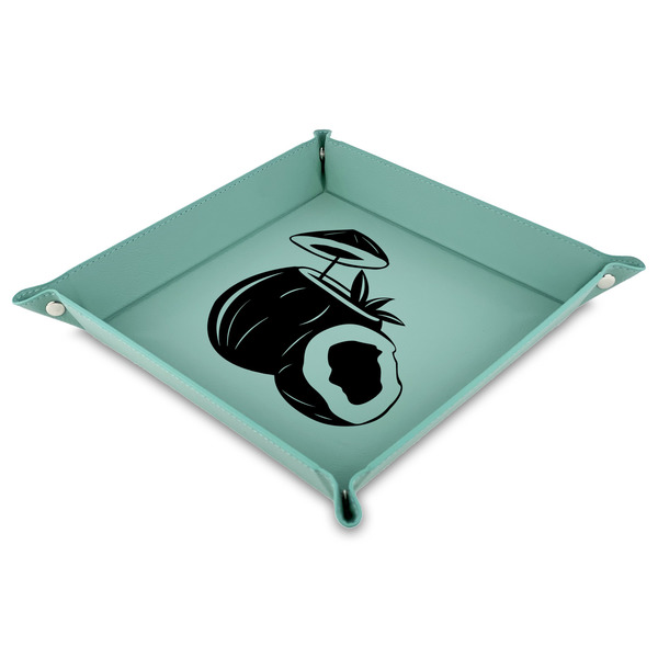 Custom Coconut and Leaves Faux Leather Dice Tray - 9" x 9"  - Teal