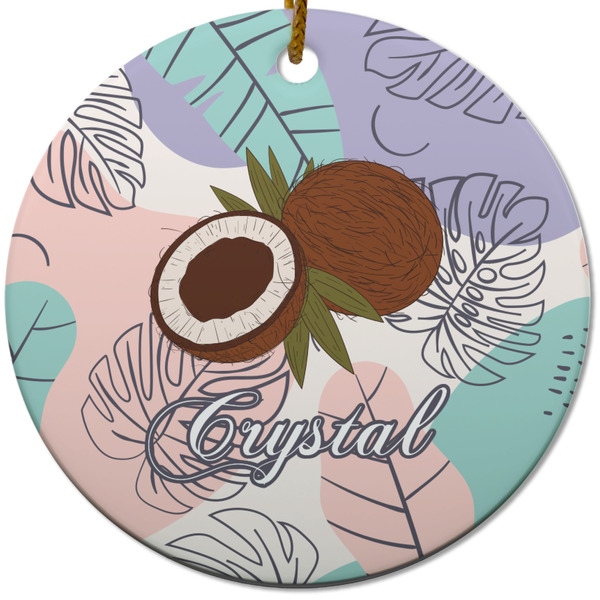 Custom Coconut and Leaves Round Ceramic Ornament w/ Name or Text