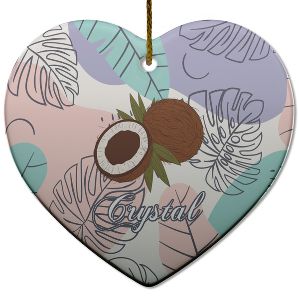 Custom Coconut and Leaves Heart Ceramic Ornament w/ Name or Text