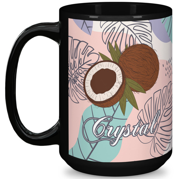 Custom Coconut and Leaves 15 Oz Coffee Mug - Black (Personalized)