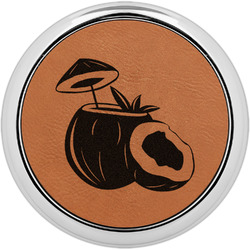 Coconut and Leaves Leatherette Round Coaster w/ Silver Edge