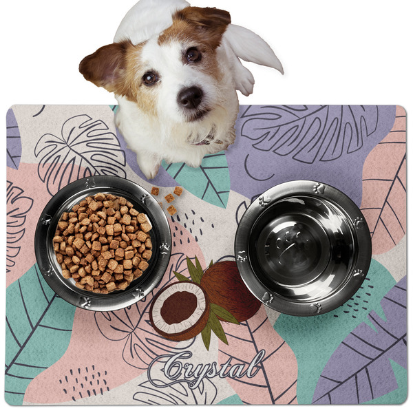 Custom Coconut and Leaves Dog Food Mat - Medium w/ Name or Text