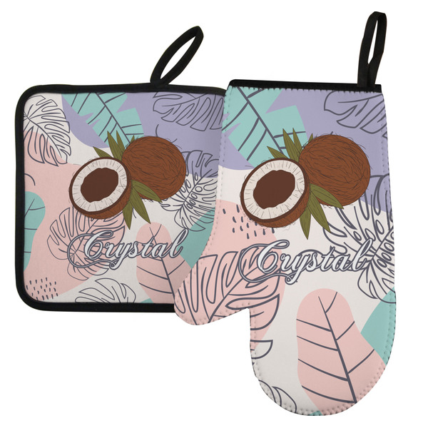 Custom Coconut and Leaves Left Oven Mitt & Pot Holder Set w/ Name or Text