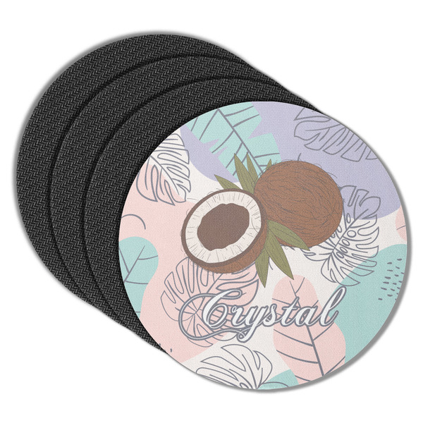 Custom Coconut and Leaves Round Rubber Backed Coasters - Set of 4 w/ Name or Text