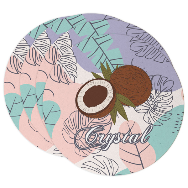 Custom Coconut and Leaves Round Paper Coasters w/ Name or Text