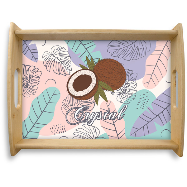 Custom Coconut and Leaves Natural Wooden Tray - Large w/ Name or Text