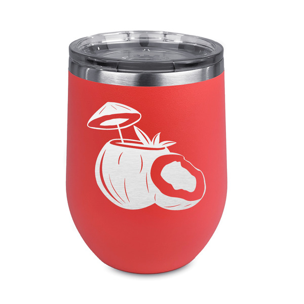 Custom Coconut and Leaves Stemless Stainless Steel Wine Tumbler - Coral - Double Sided (Personalized)