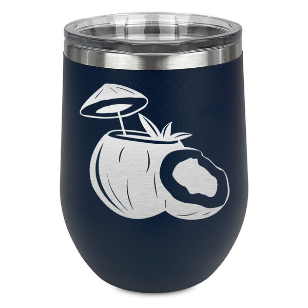 Custom Coconut and Leaves Stemless Stainless Steel Wine Tumbler - Navy - Double Sided (Personalized)