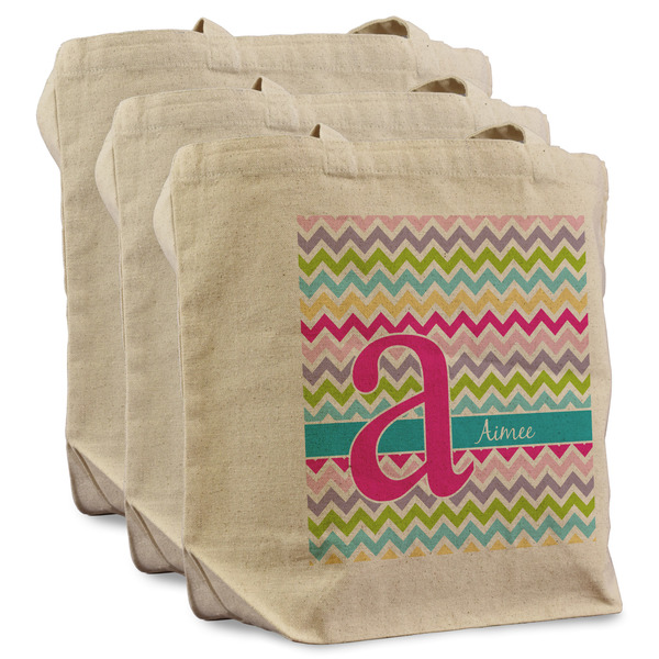 Custom Colorful Chevron Reusable Cotton Grocery Bags - Set of 3 (Personalized)