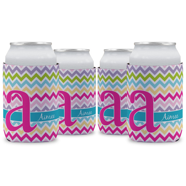 Custom Colorful Chevron Can Cooler (12 oz) - Set of 4 w/ Name and Initial