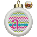 Colorful Chevron Ceramic Ball Ornaments - Poinsettia Garland (Personalized)