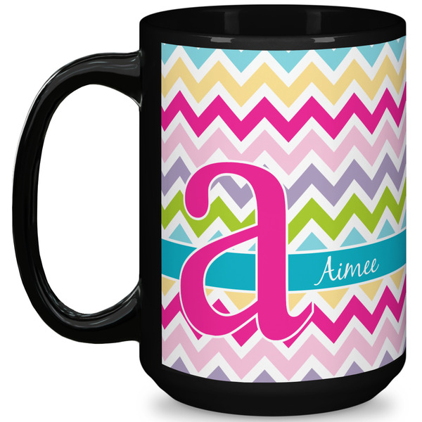 Custom Colorful Chevron 15 Oz Coffee Mug - Black (Personalized)