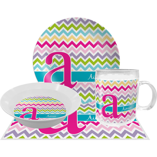 Custom Colorful Chevron Dinner Set - Single 4 Pc Setting w/ Name and Initial
