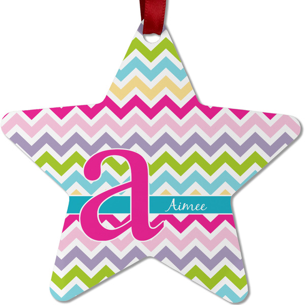 Custom Colorful Chevron Metal Star Ornament - Double Sided w/ Name and Initial