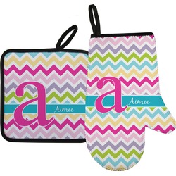 Colorful Chevron Right Oven Mitt & Pot Holder Set w/ Name and Initial