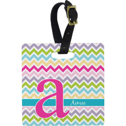 Colorful Chevron Plastic Luggage Tag - Square w/ Name and Initial