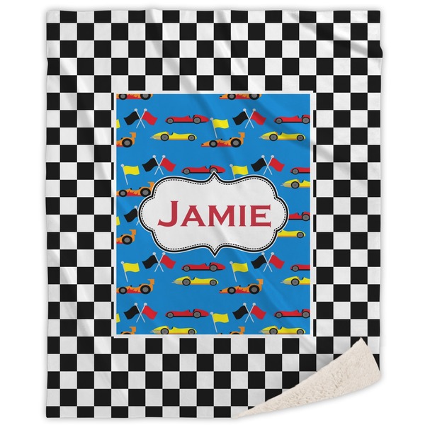 Custom Checkers & Racecars Sherpa Throw Blanket - 60"x80" (Personalized)