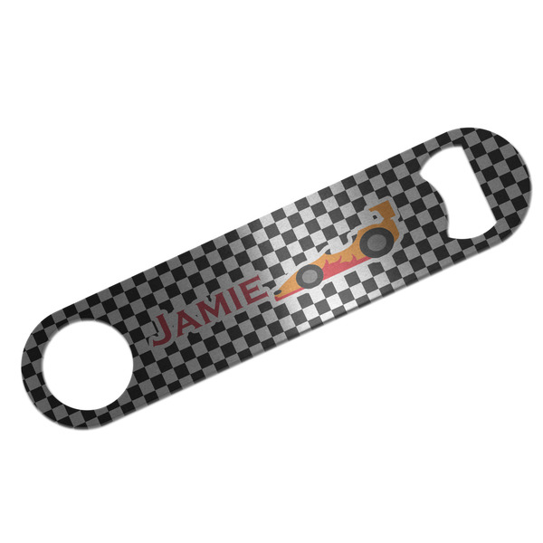 Custom Checkers & Racecars Bar Bottle Opener - Silver w/ Name or Text