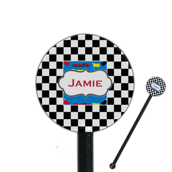 Custom Checkers & Racecars 5.5" Round Plastic Stir Sticks - Black - Double Sided (Personalized)