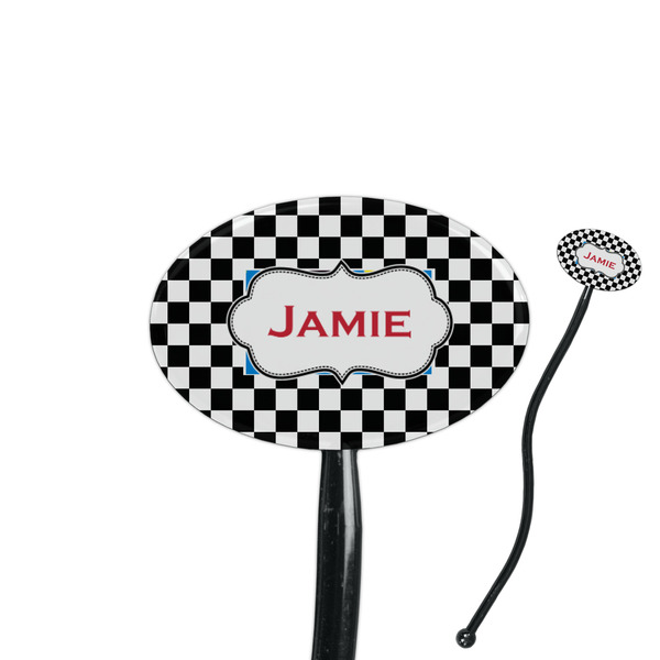 Custom Checkers & Racecars 7" Oval Plastic Stir Sticks - Black - Single Sided (Personalized)