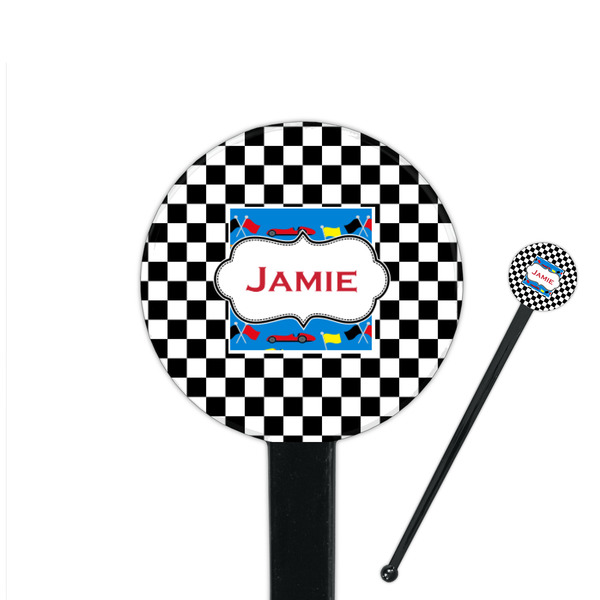 Custom Checkers & Racecars 7" Round Plastic Stir Sticks - Black - Double Sided (Personalized)