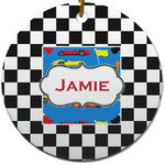 Checkers & Racecars Round Ceramic Ornament w/ Name or Text