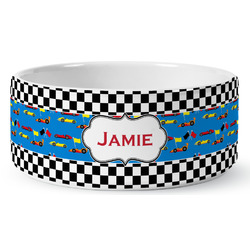 Checkers & Racecars Ceramic Dog Bowl - Large (Personalized)