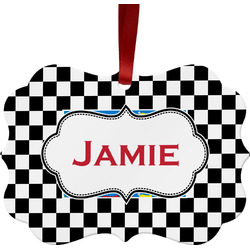 Checkers & Racecars Metal Frame Ornament - Double Sided w/ Name or Text