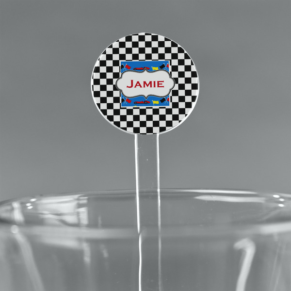 Custom Checkers & Racecars 7" Round Plastic Stir Sticks - Clear (Personalized)