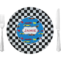 Checkers & Racecars Glass Lunch / Dinner Plate 10" (Personalized)