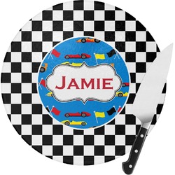 Checkers & Racecars Round Glass Cutting Board - Medium (Personalized)