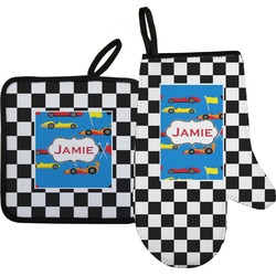 Checkers & Racecars Right Oven Mitt & Pot Holder Set w/ Name or Text