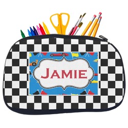 Checkers & Racecars Neoprene Pencil Case - Medium w/ Name or Text