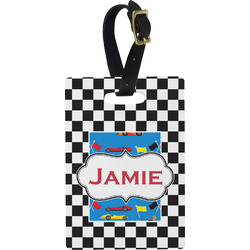 Checkers & Racecars Plastic Luggage Tag - Rectangular w/ Name or Text