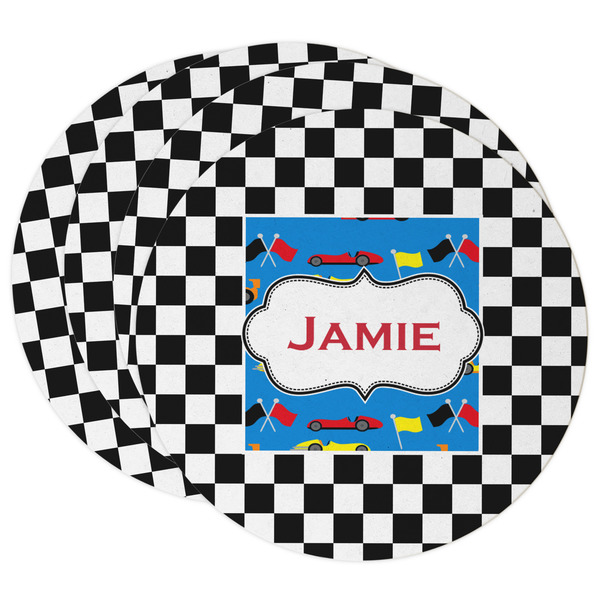 Custom Checkers & Racecars Round Paper Coasters w/ Name or Text